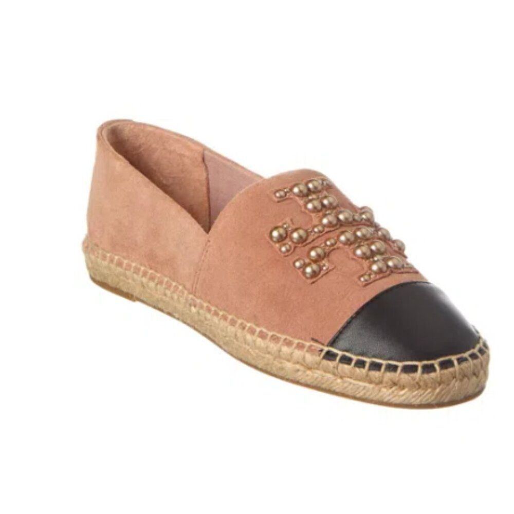 NEW TORY BURCH Pearl Logo Suede Espadrille In Pink
